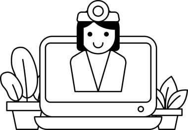 Bilgisayar ekranında bir kadın doktor var. Gülümsüyor ve mutlu. Sıcaklık ve pozitiflik kavramı