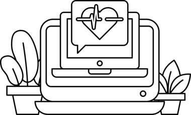 Üzerinde kalp ve yanında bitki olan bir dizüstü bilgisayar. Laptop açık ve kalp ekranda.