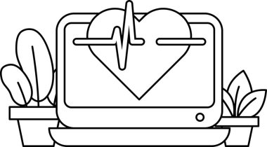 Üzerinde kalp olan bir bilgisayar monitörü. Kalp bitkilerle çevrilidir. Sağlık ve refah kavramı