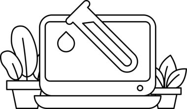 Üzerinde test tüpü ve damlalık olan bir dizüstü bilgisayarın siyah beyaz çizimi. Bilimsel deney ve araştırma kavramı