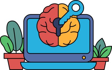 Üzerinde anahtar ve ekranda beyin olan bir bilgisayar monitörü. Beyin ikiye bölünür, bir yarısı kırmızı, diğer yarısı sarı olur. Anahtar beynin sağ tarafındadır.