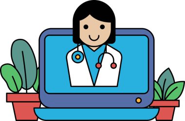 Yüzünde bir gülümsemeyle bilgisayar ekranının önünde oturan bir kadın. O bir doktor ve ekranda biriyle konuşuyor.