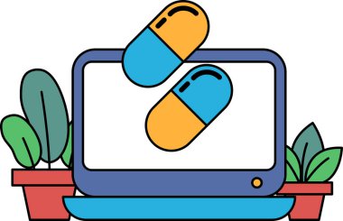 Üzerinde iki hap olan bir bilgisayar monitörü. Haplar mavi ve turuncu. Görüntünün tıbbi bir teması var.