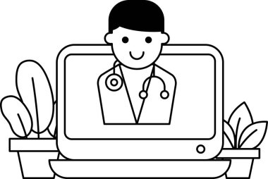 Beyaz önlüklü bir adam bilgisayar ekranının önünde oturuyor. Gülümsüyor ve bir doktor.