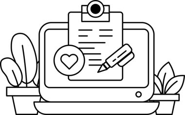 Üzerinde kağıt ve kalem olan bir bilgisayar ekranı. Kağıdın üzerine bir kalp çizilmiş ve kalem üzerinde dinleniyor. Yaratıcılık ve ilham kavramı