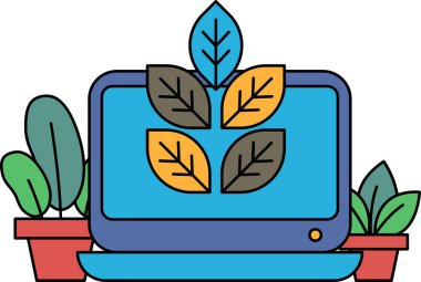 Yapraklı arka planı ve saksıda bitkisi olan bir laptop. Laptop açık ve tesis kırmızı bir tencerede.