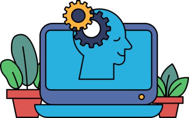 Üzerinde insan kafası ve teçhizatı olan bir bilgisayar monitörü. Adam gülümsüyor ve imajın olumlu ve yaratıcı bir havası var.