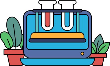 Üzerinde iki test tüpü olan bir bilgisayar monitörü. Tüpler kırmızı ve sarı. Bilgisayar monitörü yanında saksı bitkisi olan bir masanın üzerinde.