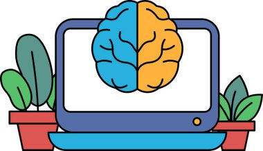 Üzerinde beyin olan bir bilgisayar monitörü. Beyin ikiye bölünür, biri mavi ve biri turuncu. Zeka kavramı ve beynimizin hayatımızdaki önemi.