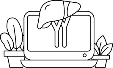 Üzerinde karaciğer resmi olan bir bilgisayar monitörü. Karaciğer, arka planda yapraklı bir ağaçla karikatürsel bir şekilde gösterilir. Görüntü, karaciğer sağlığının önemini ifade eder.