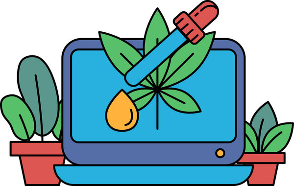 A computer monitor with a plant and a dropper on it. The plant is green and the dropper is red