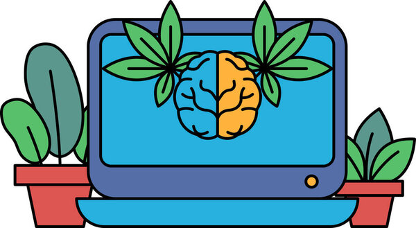 A computer monitor with two brains on it. The monitor is on a table with a potted plant next to it