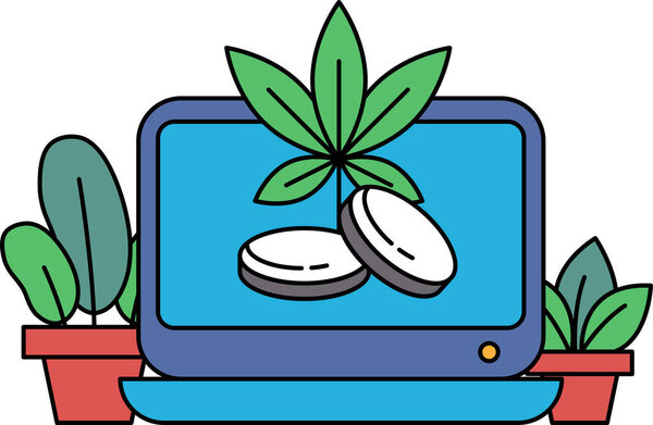 A computer monitor with two white pills on it and a leafy green plant in the background. Concept of health and wellness, as the pills are likely vitamins or supplements