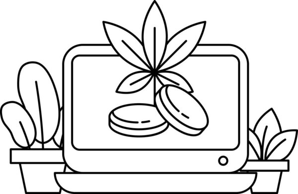 A black and white drawing of a computer monitor with a leafy plant on top of it. The plant is surrounded by three coins, which are placed on the monitor