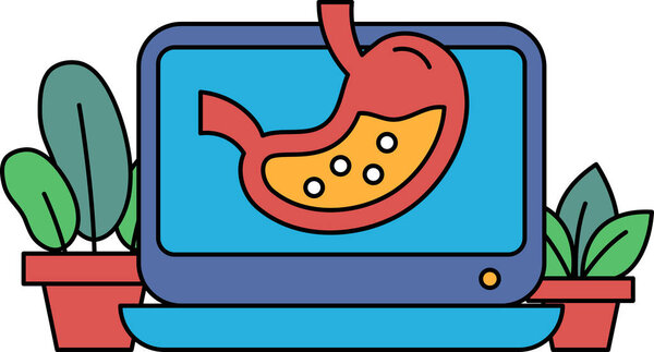 A computer monitor shows a graphic of a stomach with a red and yellow color scheme. The image is accompanied by a potted plant and a vase. Scene is somewhat serious and informative