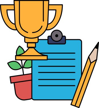 Bir kupa, bir kalem ve bir kağıt parçası birlikte sergileniyor. Kupa başarı ve başarıyı temsil ederken, kalem ve kağıt öğrenme ve büyümeyi sembolize ediyor.