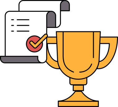 Üzerinde işaret olan bir kağıt parçasının yanında bir kupa gösteriliyor. Kupa altın renginde ve fincan şeklinde. Gazetenin üzerinde onaylandığını ya da tanındığını gösteren bir işaret var.