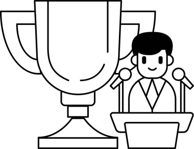 Bir adam bir kupa ve mikrofonun önünde duruyor. Gülümsüyor ve kazanıyor.