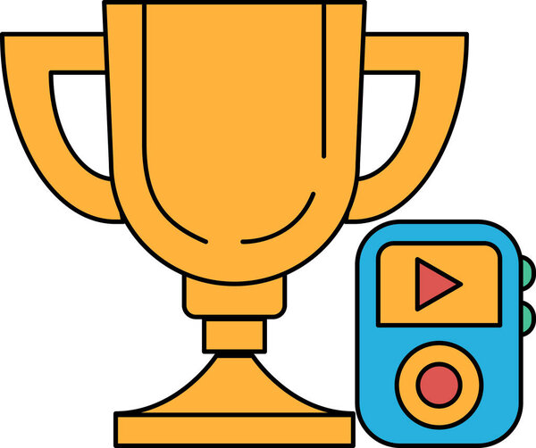 A golden trophy is placed next to a small blue device with a red button. The trophy represents an achievement or victory, while the device is likely a portable music player or a similar gadget