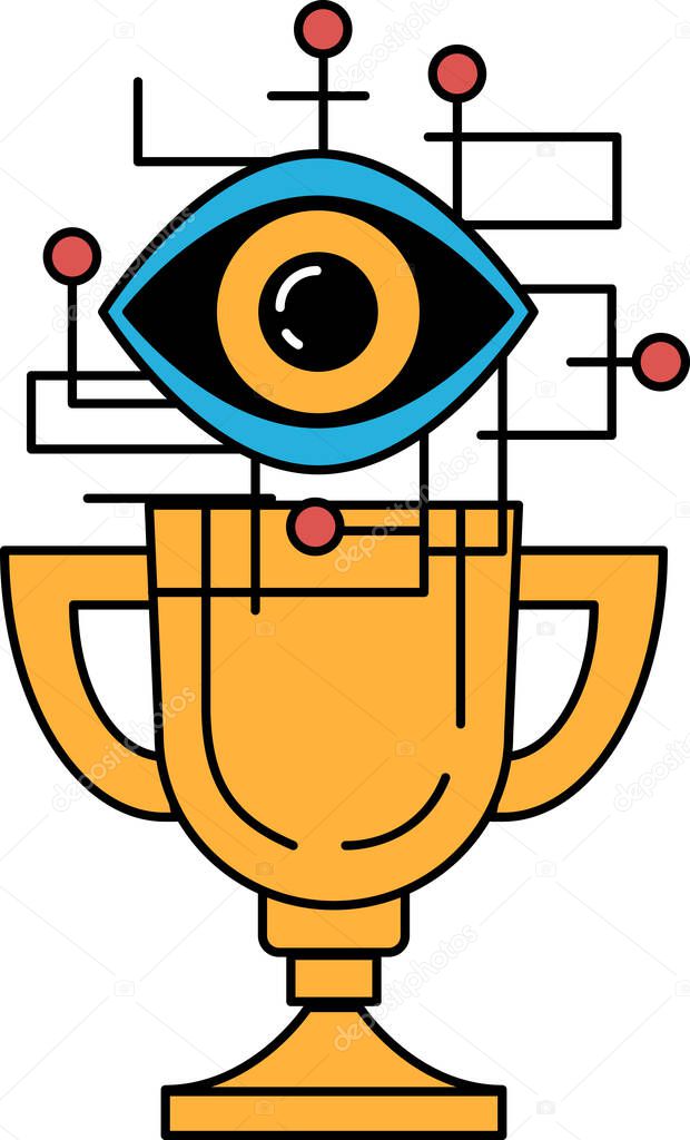 A yellow cup with a blue eye on it. The eye is surrounded by a lot of red dots