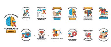 Görüntü, sağlığın farklı yönlerini temsil eden siyah ve beyaz simgelerden oluşan bir koleksiyondur. Simgeler bir ızgaraya dizilmiş, her birinin kendine has bir tasarımı ve anlamı var.