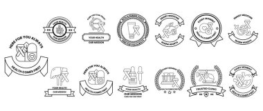 Bir şirket için bir dizi siyah beyaz logo. Logoların hepsi farklı şekil ve boyutlarda, ama hepsinin dizaynı aynı. Şirketin adı 