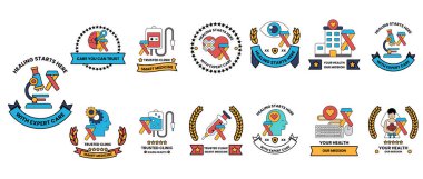 Çeşitli sağlık hizmetleri için siyah beyaz ikonlar. İkonlar arasında bir doktor, bir hastane, bir eczane ve bir tıbbi cihaz yer alıyor.