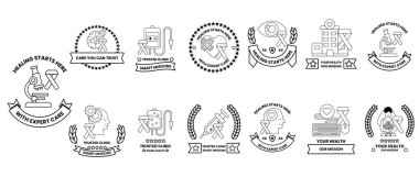 Çeşitli sağlık hizmetleri için siyah beyaz ikonlar. İkonlar arasında bir doktor, bir hastane, bir eczane ve bir tıbbi cihaz yer alıyor.