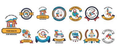 Görüntü, sağlık ve sağlıkla ilgili çeşitli rozet ve sembollerin bir araya getirilmesidir.