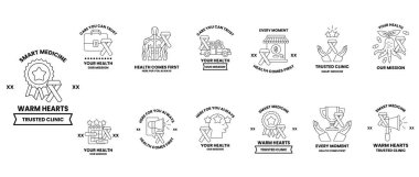 Görüntü, bir akıllı tıp kliniğinin çeşitli yönlerini temsil eden farklı sembol ve simgelerden oluşan bir koleksiyondur. Semboller arasında bir kalp, bir ev, bir araba, bir ağaç, bir fincan, bir kaşık, bir çatal, bir bıçak var.