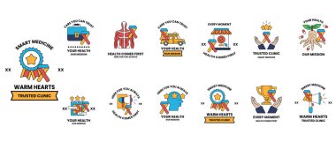 Görüntü, bir akıllı tıp kliniğinin çeşitli yönlerini temsil eden farklı sembol ve simgelerden oluşan bir koleksiyondur. Semboller arasında bir kalp, bir ev, bir araba, bir ağaç, bir fincan, bir kaşık, bir çatal, bir bıçak var.