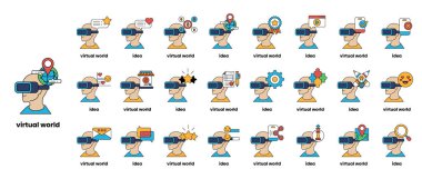 Sanal bir dünyada bir dizi insan çizimi. Çizimler siyah beyaz ve 