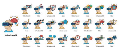 Sanal bir dünyada bir dizi insan çizimi. Çizimler çeşitli boyutlarda ve stillerde, ve hepsi sanal dünya kavramına bağlıdır.