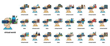 Sanal dünyada bir dizi insan ve araç çizimi. Çizimler farklı stil ve renklerde.