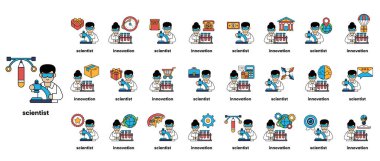 Bir bilim adamı da dahil olmak üzere çeşitli mesleklerdeki insanların bir dizi çizimi. Çizimler siyah beyaz ve bir ızgarada sıralanmış.