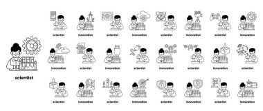 Bilim adamlarının bir dizi karikatürü. İlk görüntü laboratuvar önlüklü bir adamı beher kabıyla gösteriyor. İkinci resim bilgisayarı olan bir adamı gösteriyor.