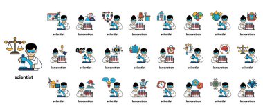 Bilim adamı kelimesinin altında yazılı olduğu bir dizi çizgi film karakteri. Karakterlerin hepsi laboratuvar önlüğü giyiyor ve çalışma, konuşma ve yazma gibi çeşitli aktivitelerde bulunuyorlar.