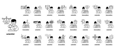 Bilim adamı kelimesinin altında yazılı olduğu bir dizi çizgi film karakteri. Karakterlerin hepsi laboratuvar önlüğü giyiyor ve çalışma, konuşma ve yazma gibi çeşitli aktivitelerde bulunuyorlar.