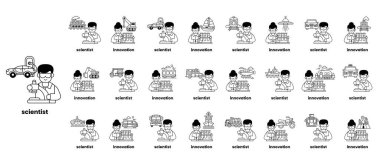 Bilim adamı kelimesinin altında yazılı olduğu bir dizi çizgi film karakteri. Karakterlerin hepsi laboratuvar önlüğü giyiyor ve yazı, araba kullanmak ve uçmak gibi çeşitli aktivitelerde bulunuyorlar.