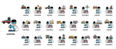 Bilim adamı kelimesinin altında yazılı olduğu bir dizi çizgi film karakteri. Karakterlerin hepsi laboratuvar önlüğü giyiyor ve yazı, araba kullanmak ve uçmak gibi çeşitli aktivitelerde bulunuyorlar.