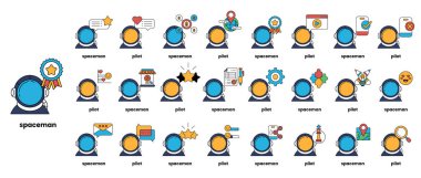 Çizgi film karakterleri bir ızgarada gösterilir, sol üstte 