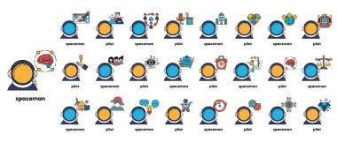 A series of cartoon characters are shown in a circle. The characters are labeled with the word 