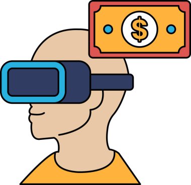 Kafasında bir dolar banknotuyla sanal gerçeklik kulaklığı takan bir adam. Sanal gerçeklik kavramı ve paranın değeri