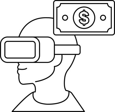 Kafasında bir dolar banknotuyla sanal gerçeklik kulaklığı takan bir adam. Sanal gerçeklik kavramı ve paranın değeri