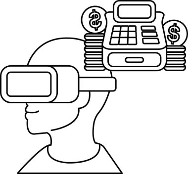 Sanal gerçeklik kulaklığı takan bir adam hesap makinesine bakıyor. Hesap makinesinde bir yığın bozuk para var. Finansal işlemleri daha uygun hale getirmek için sanal gerçekliği kullanma kavramı