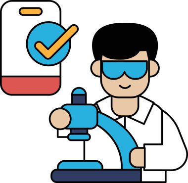 A man is wearing a lab coat and goggles and is holding a device. The device has a check mark on it