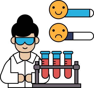 A man in a lab coat is holding a beaker with a smile on his face. The image is meant to convey a sense of happiness and positivity