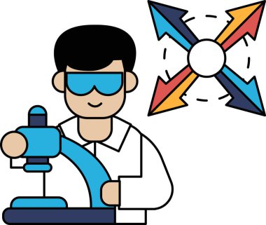 Laboratuvar önlüklü bir adam gözlük takıyor ve uzaktan kumanda tutuyor. Gülümsüyor ve işinden zevk alıyor. İşin yapılmasıyla ilgili merak ve heyecan kavramı