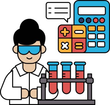 Laboratuvar önlüğü giymiş bir adam elinde bir deney şişesi ve hesap makinesi tutuyor. Hesap makinesi resmin sağ tarafında.