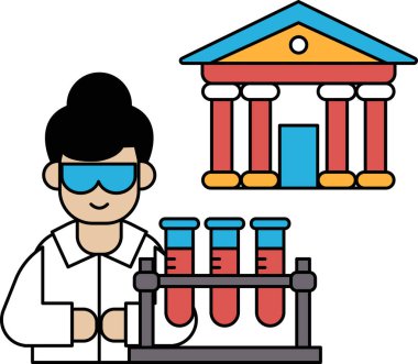 Laboratuvar önlüklü bir adam elinde bir deney şişesi tutuyor ve gülümsüyor. Görüntü sütunları ve geniş penceresi olan bir binanın görüntüsü